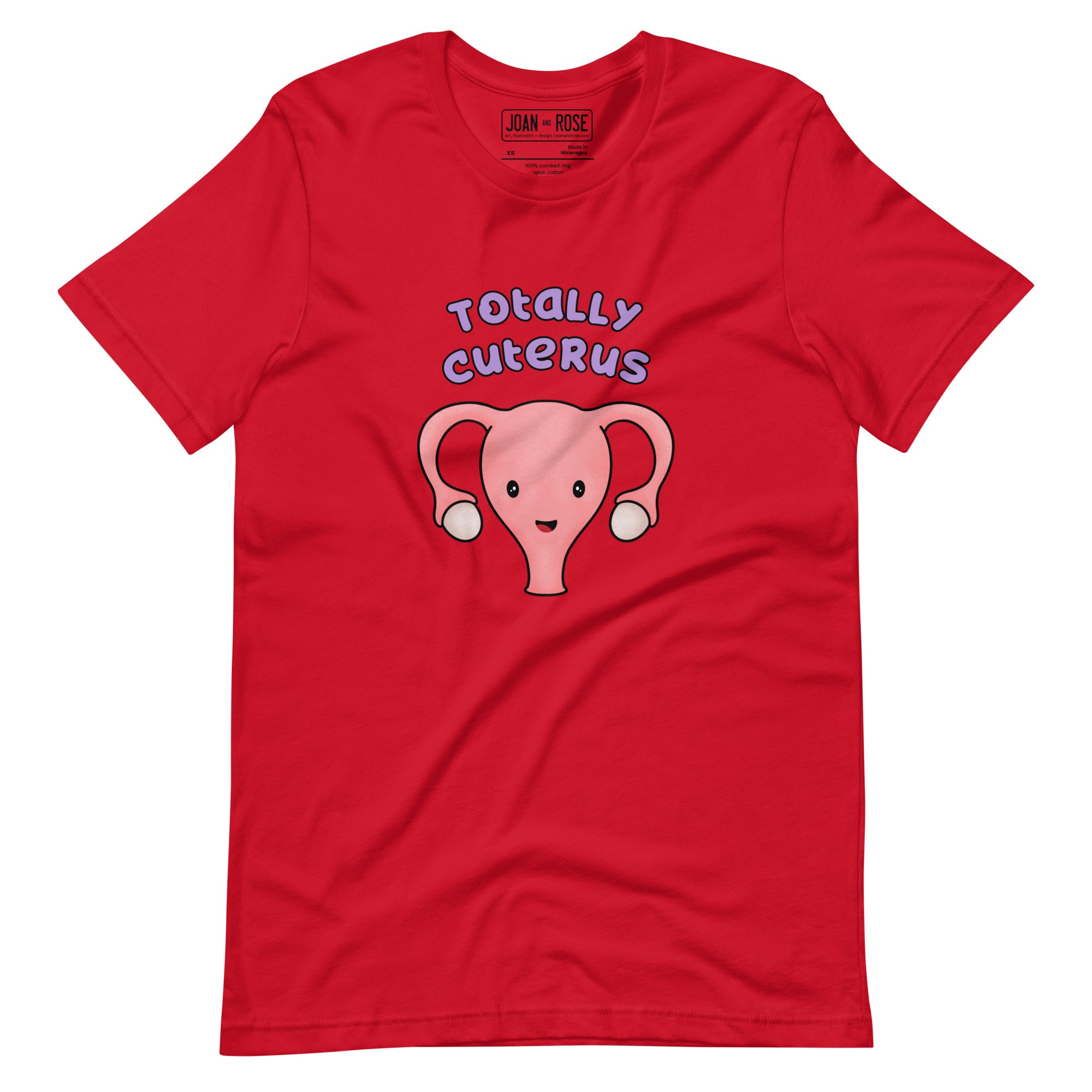 Red coloured t-shirt with an illustration of a cute uterus character smiling with the text in purple 'Totally Cuterus'